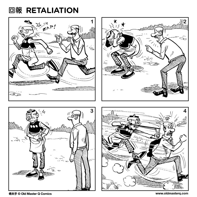 Mr. Chao chases OMQ with a slingshot and hits him in the back of the head. OMQ stops running to hold his head in pain for a bit while Mr. Chao laughs at him. OMQ stops hurting and reaches into his pocket for something, Mr. Chao stops laughing and curiously looks at him. OMQ then chases Mr. Chao with a slingshot, hitting him in the back of the head.