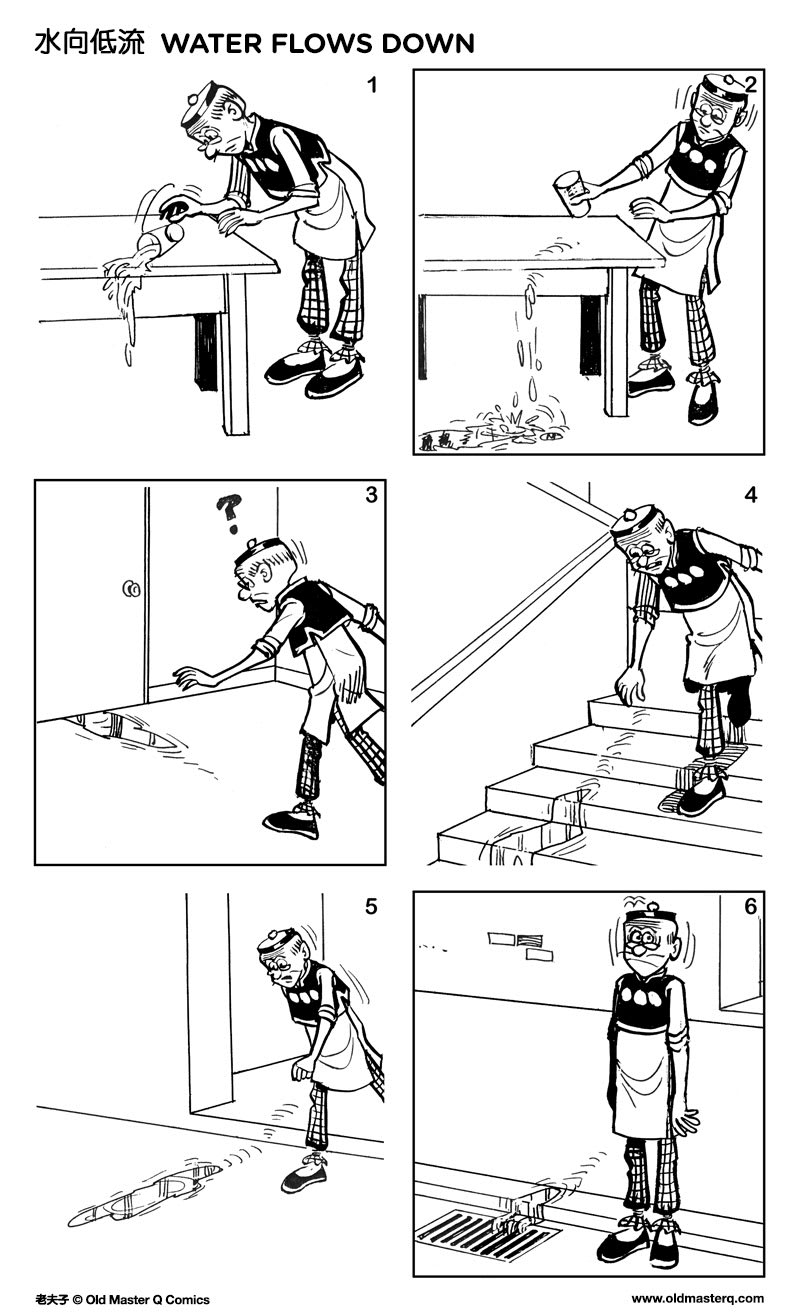 OMQ spills a glass of water on the table. The water spill completely drips off the table on to the ground. The spillage slides down the floor as one unit, under the door, down the stairs, out of the building, and all the down through the gutter outside. OMQ is quite surprised.